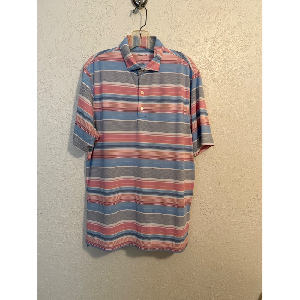 Johnnie-O Mens Medium Blue Pink Striped Performance Polo Shirt Short Sleeve